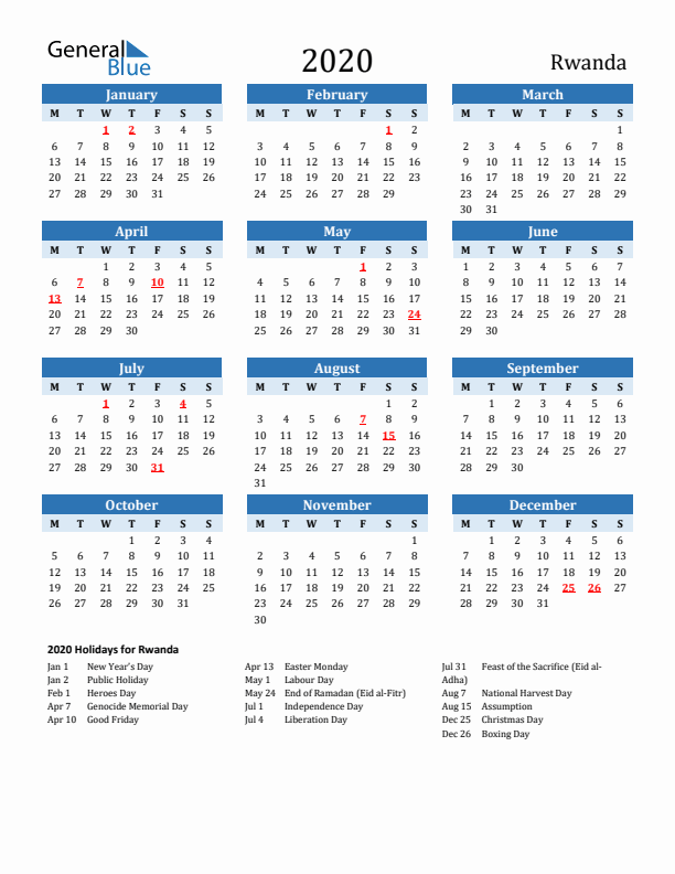 Printable Calendar 2020 with Rwanda Holidays (Monday Start)