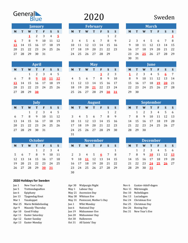 Printable Calendar 2020 with Sweden Holidays (Monday Start)