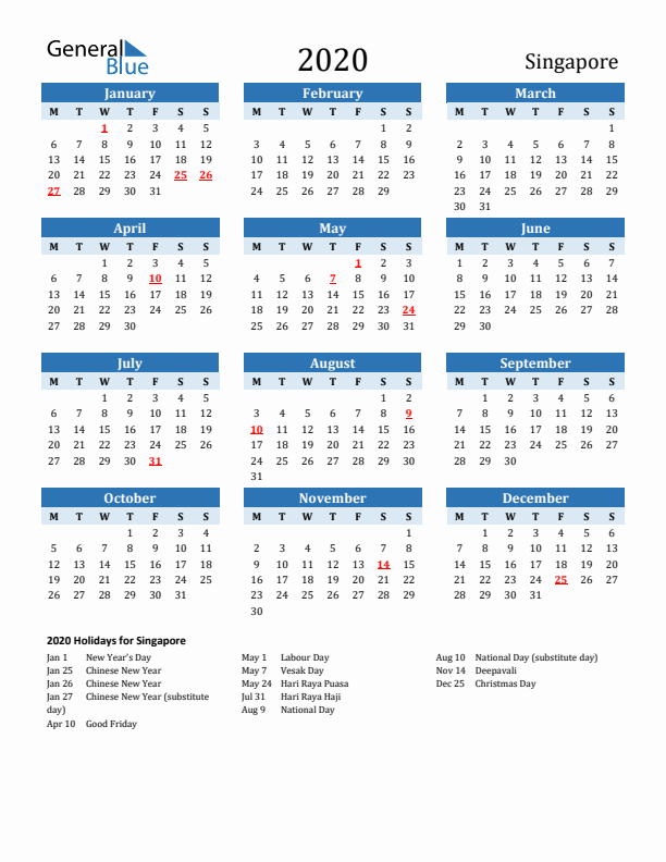 Printable Calendar 2020 with Singapore Holidays (Monday Start)