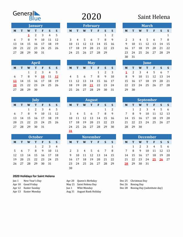 Printable Calendar 2020 with Saint Helena Holidays (Monday Start)