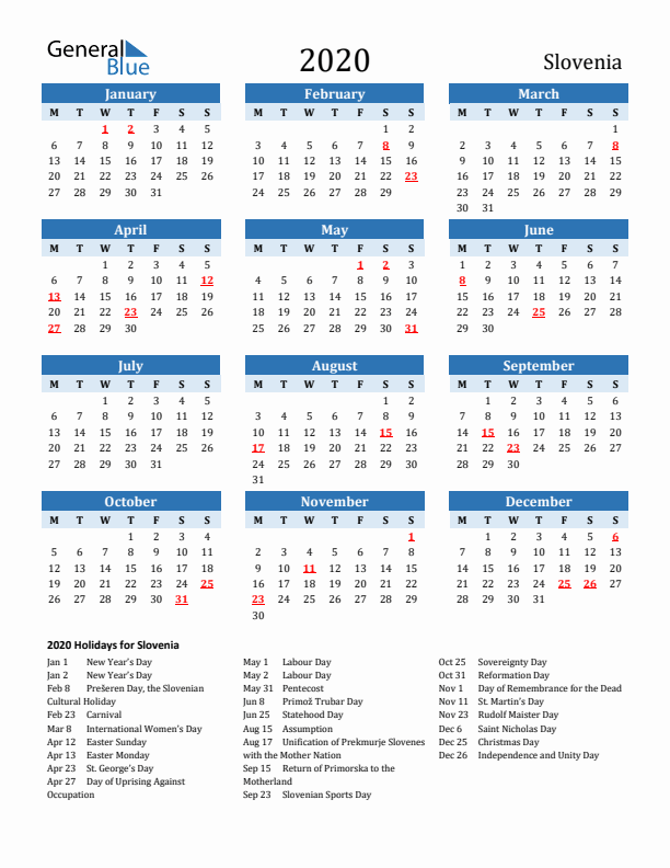 Printable Calendar 2020 with Slovenia Holidays (Monday Start)