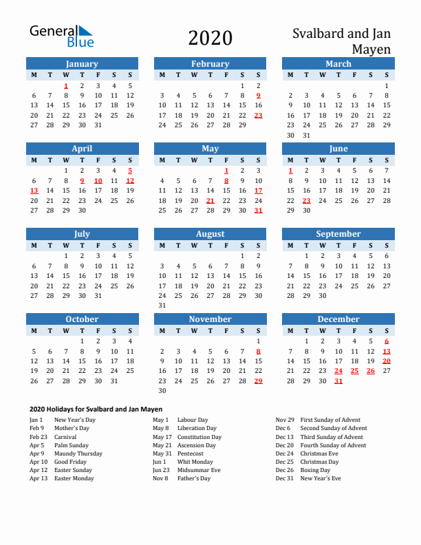 Printable Calendar 2020 with Svalbard and Jan Mayen Holidays (Monday Start)