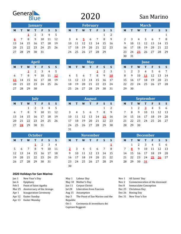 Printable Calendar 2020 with San Marino Holidays (Monday Start)