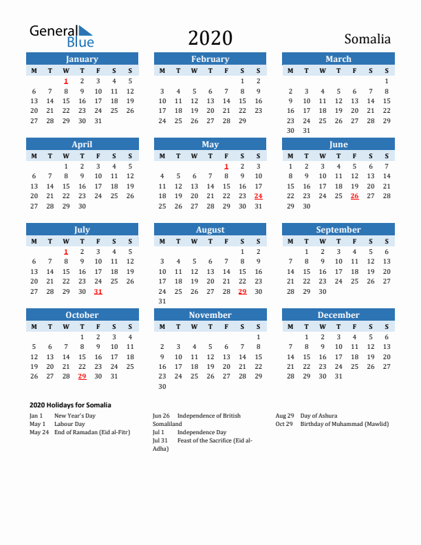 Printable Calendar 2020 with Somalia Holidays (Monday Start)
