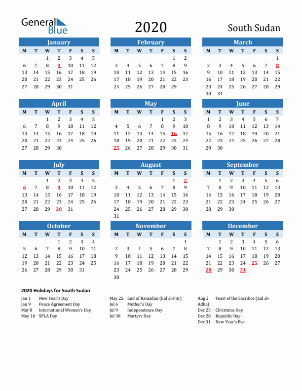 Printable Calendar 2020 with South Sudan Holidays (Monday Start)