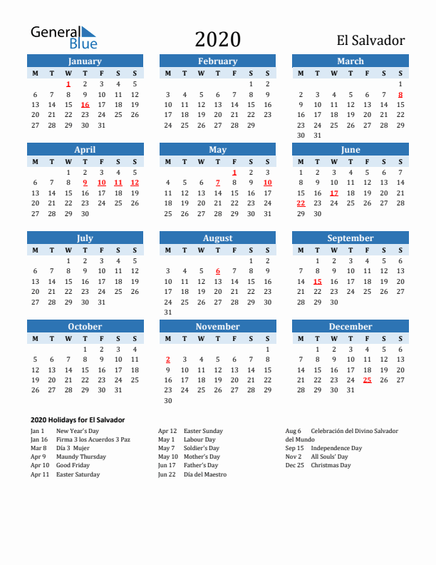 Printable Calendar 2020 with El Salvador Holidays (Monday Start)