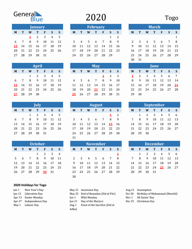 Printable Calendar 2020 with Togo Holidays (Monday Start)