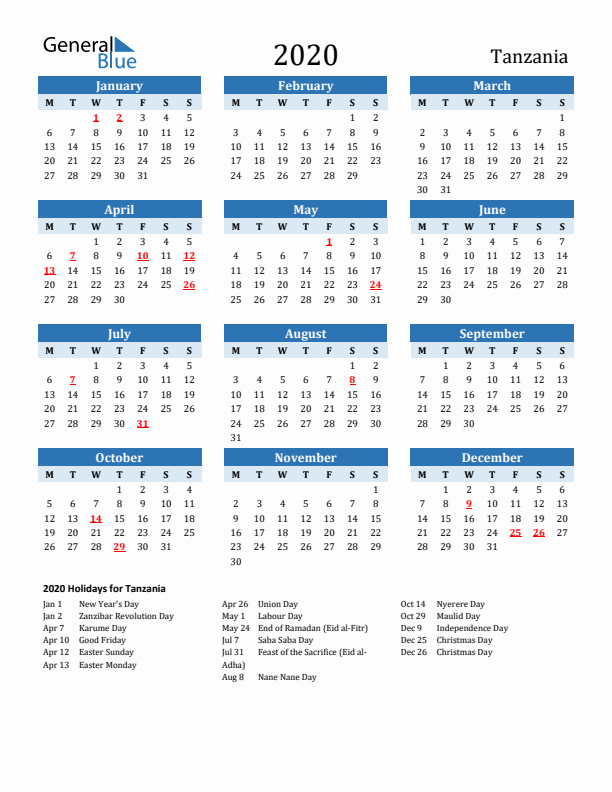 Printable Calendar 2020 with Tanzania Holidays (Monday Start)