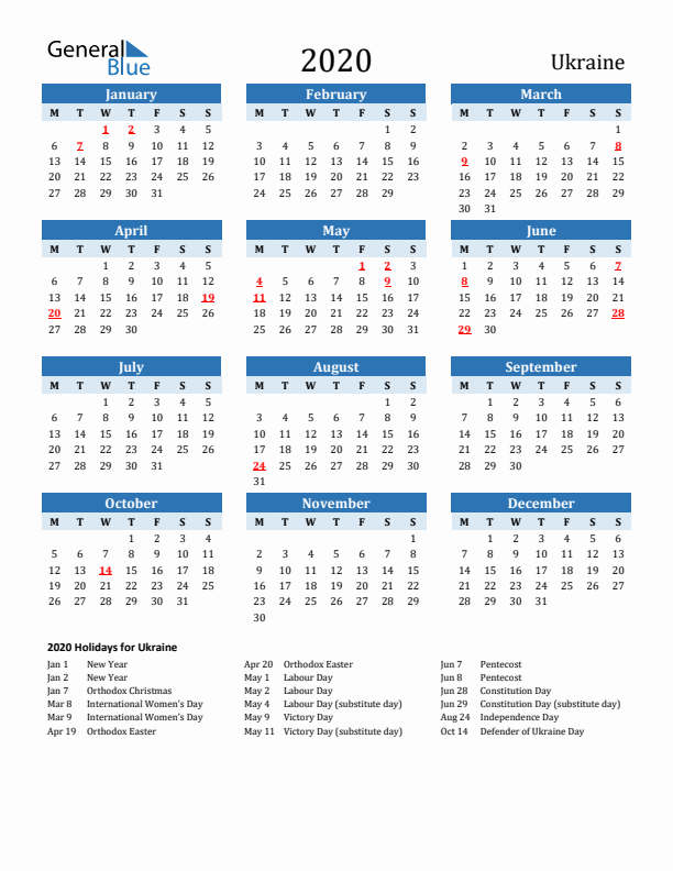 Printable Calendar 2020 with Ukraine Holidays (Monday Start)