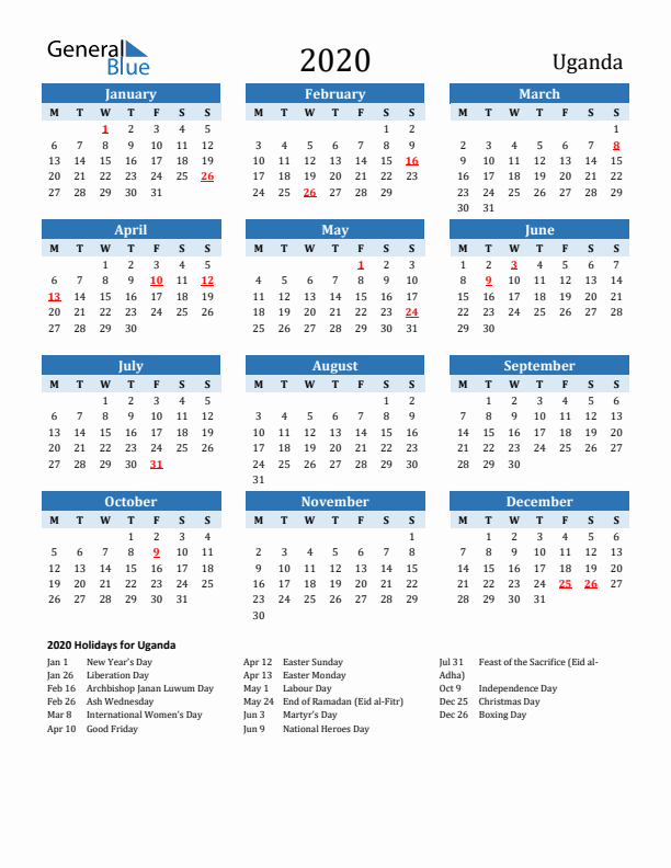 Printable Calendar 2020 with Uganda Holidays (Monday Start)