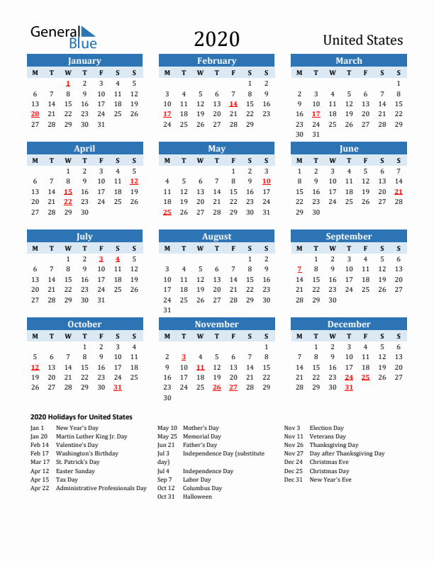 Printable Calendar 2020 with United States Holidays (Monday Start)