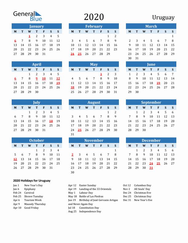 Printable Calendar 2020 with Uruguay Holidays (Monday Start)