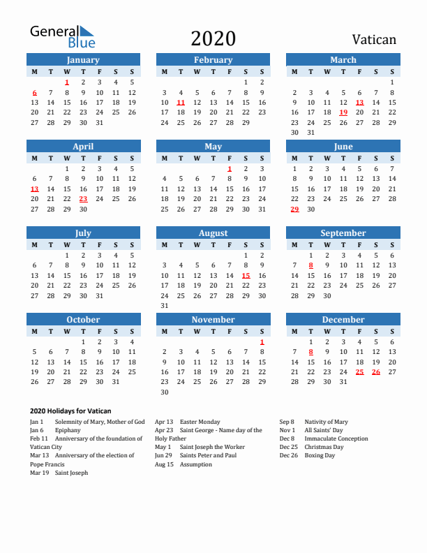 Printable Calendar 2020 with Vatican Holidays (Monday Start)