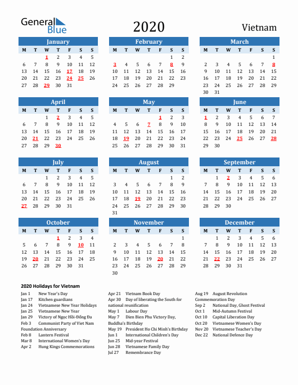 Printable Calendar 2020 with Vietnam Holidays (Monday Start)