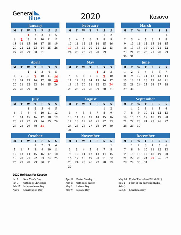 Printable Calendar 2020 with Kosovo Holidays (Monday Start)