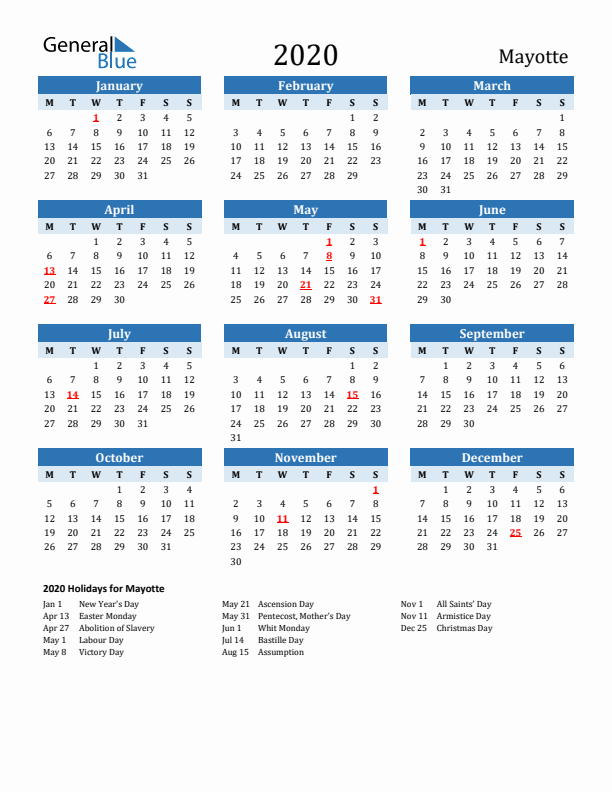 Printable Calendar 2020 with Mayotte Holidays (Monday Start)