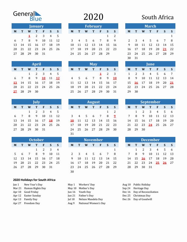 Printable Calendar 2020 with South Africa Holidays (Monday Start)