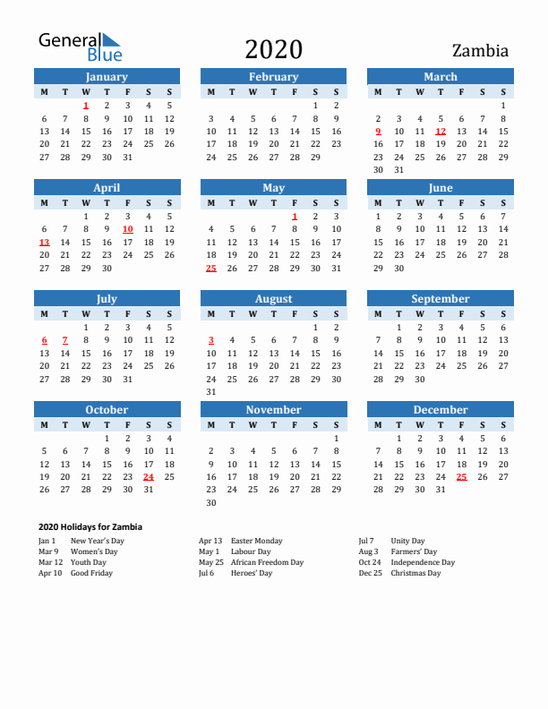 Printable Calendar 2020 with Zambia Holidays (Monday Start)