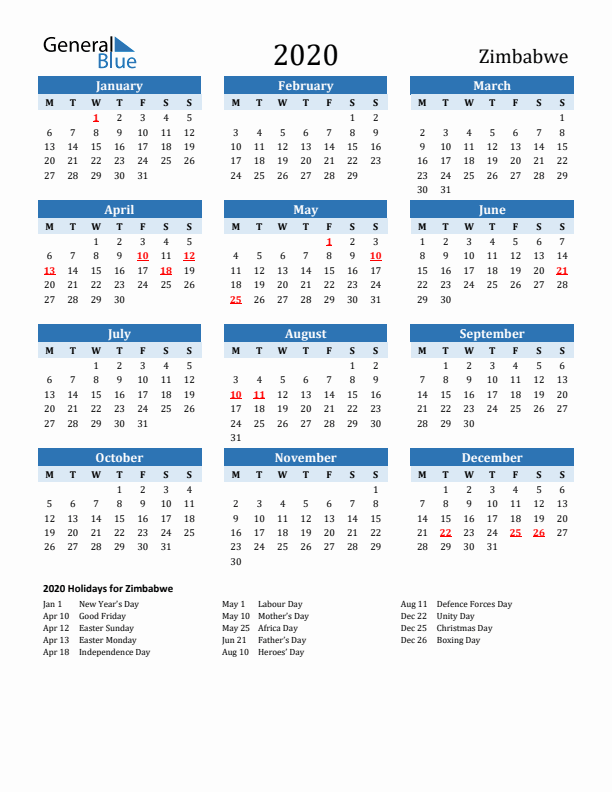 Printable Calendar 2020 with Zimbabwe Holidays (Monday Start)