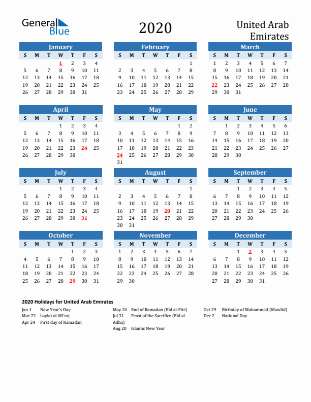 Printable Calendar 2020 with United Arab Emirates Holidays (Sunday Start)