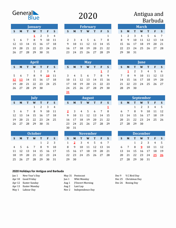 Printable Calendar 2020 with Antigua and Barbuda Holidays (Sunday Start)