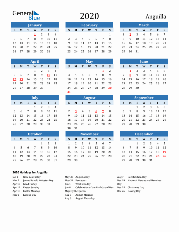 Printable Calendar 2020 with Anguilla Holidays (Sunday Start)