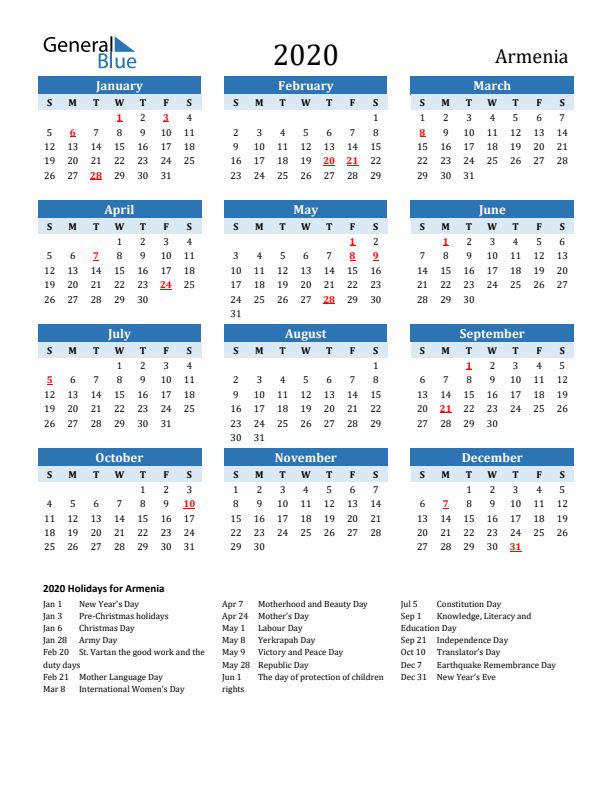 Printable Calendar 2020 with Armenia Holidays (Sunday Start)
