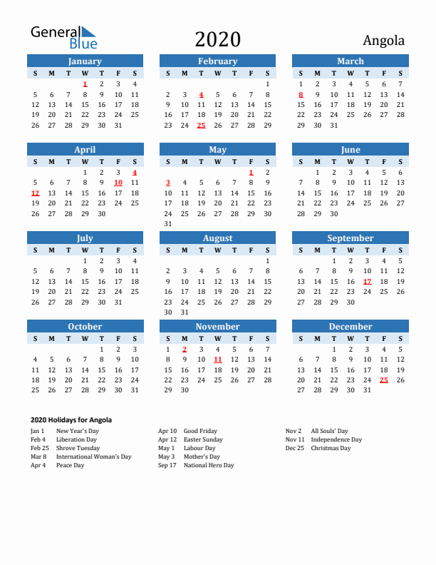 Printable Calendar 2020 with Angola Holidays (Sunday Start)