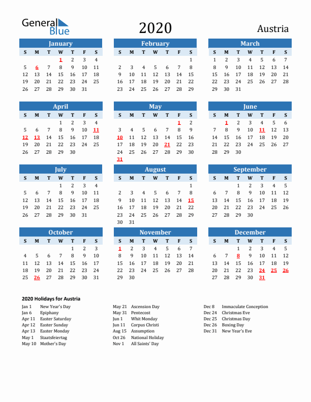 Printable Calendar 2020 with Austria Holidays (Sunday Start)