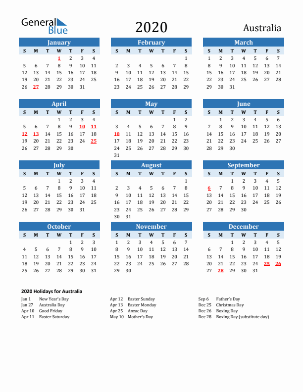 Printable Calendar 2020 with Australia Holidays (Sunday Start)