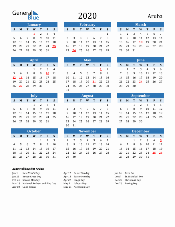 Printable Calendar 2020 with Aruba Holidays (Sunday Start)