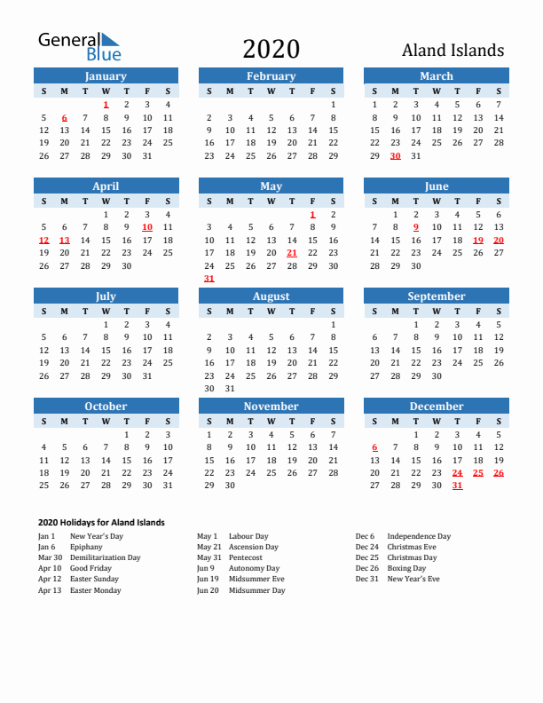 Printable Calendar 2020 with Aland Islands Holidays (Sunday Start)