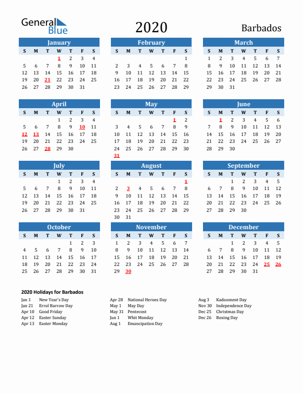Printable Calendar 2020 with Barbados Holidays (Sunday Start)