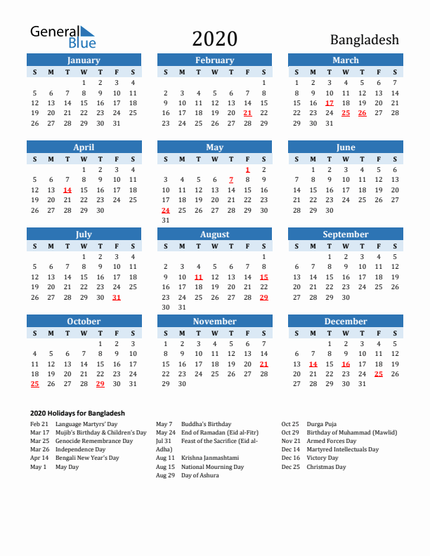 Printable Calendar 2020 with Bangladesh Holidays (Sunday Start)
