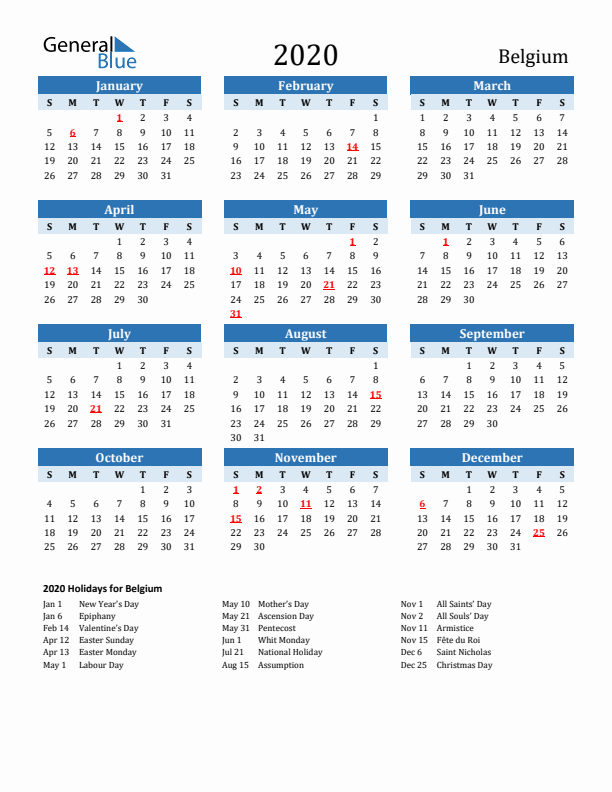 Printable Calendar 2020 with Belgium Holidays (Sunday Start)