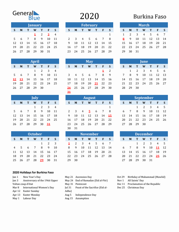 Printable Calendar 2020 with Burkina Faso Holidays (Sunday Start)