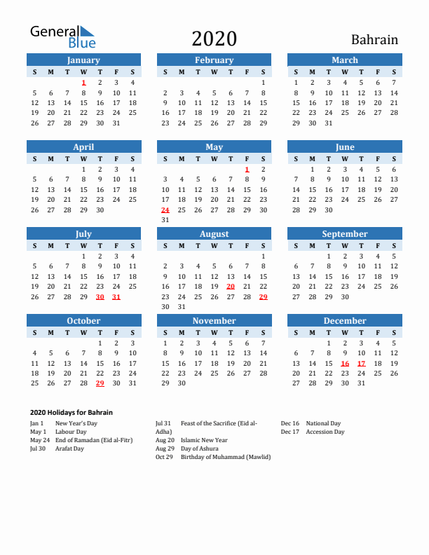 Printable Calendar 2020 with Bahrain Holidays (Sunday Start)