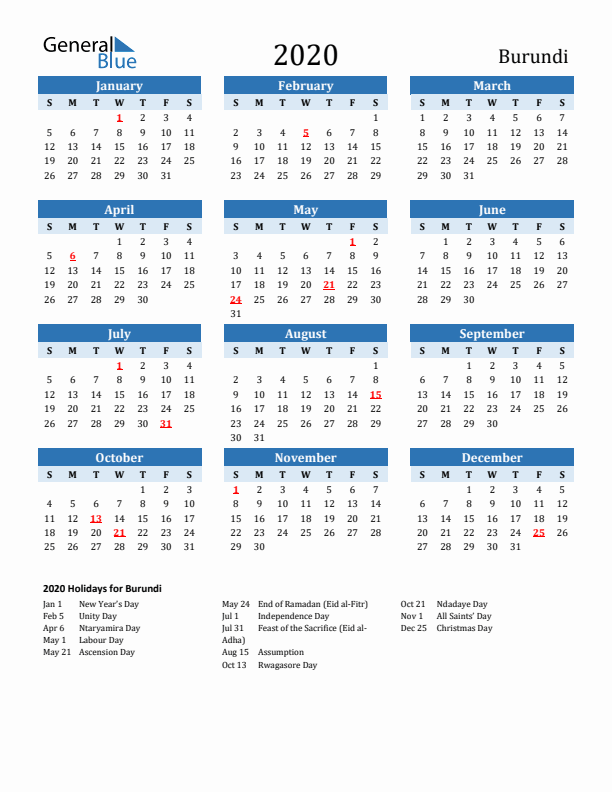 Printable Calendar 2020 with Burundi Holidays (Sunday Start)