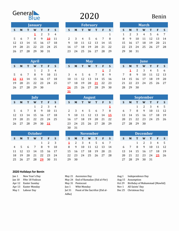 Printable Calendar 2020 with Benin Holidays (Sunday Start)