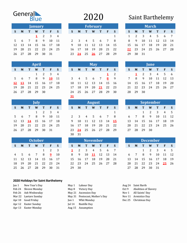 Printable Calendar 2020 with Saint Barthelemy Holidays (Sunday Start)
