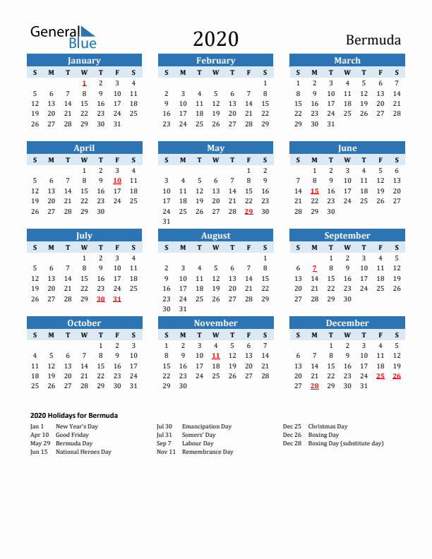 Printable Calendar 2020 with Bermuda Holidays (Sunday Start)