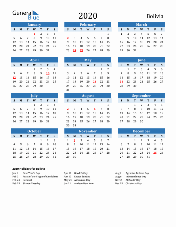Printable Calendar 2020 with Bolivia Holidays (Sunday Start)