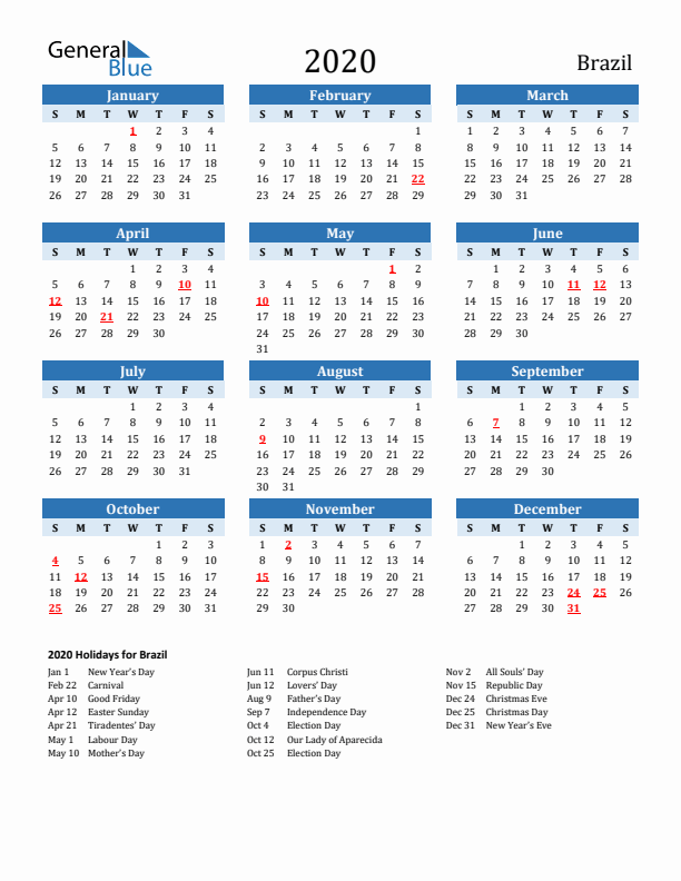 Printable Calendar 2020 with Brazil Holidays (Sunday Start)