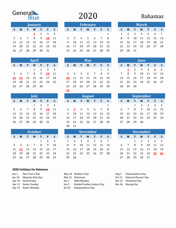 Printable Calendar 2020 with Bahamas Holidays (Sunday Start)