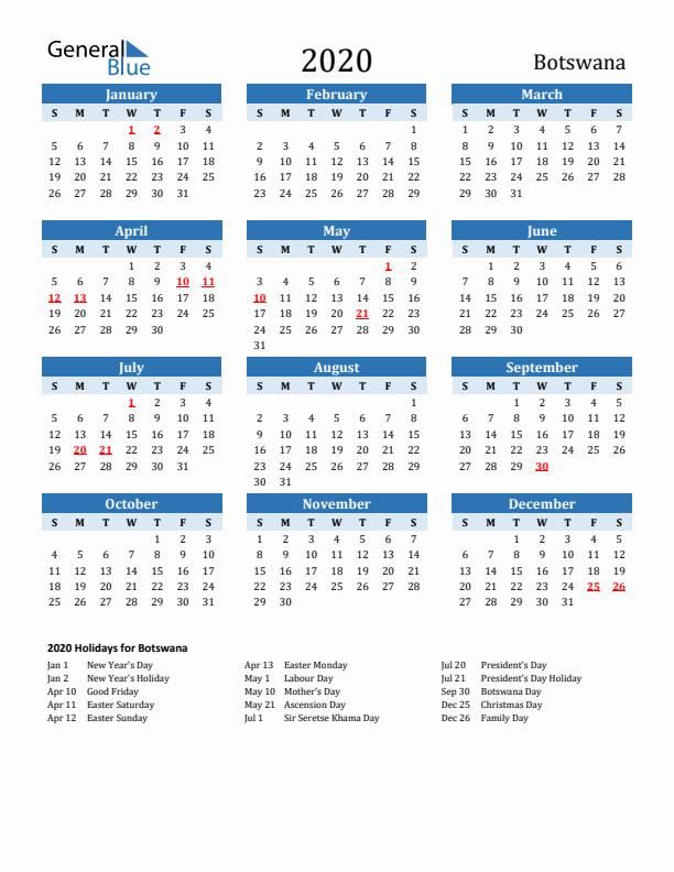 Printable Calendar 2020 with Botswana Holidays (Sunday Start)