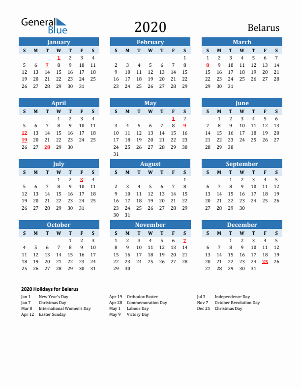 Printable Calendar 2020 with Belarus Holidays (Sunday Start)