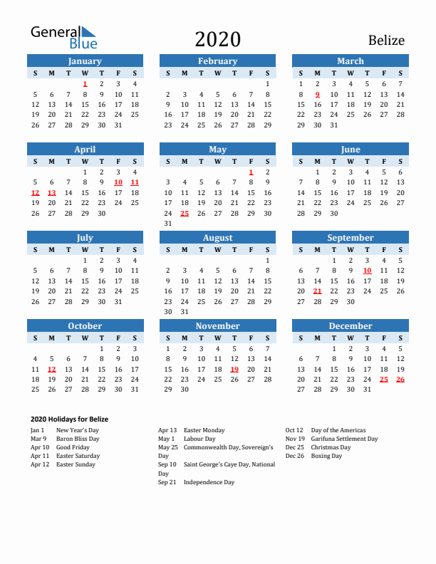 Printable Calendar 2020 with Belize Holidays (Sunday Start)