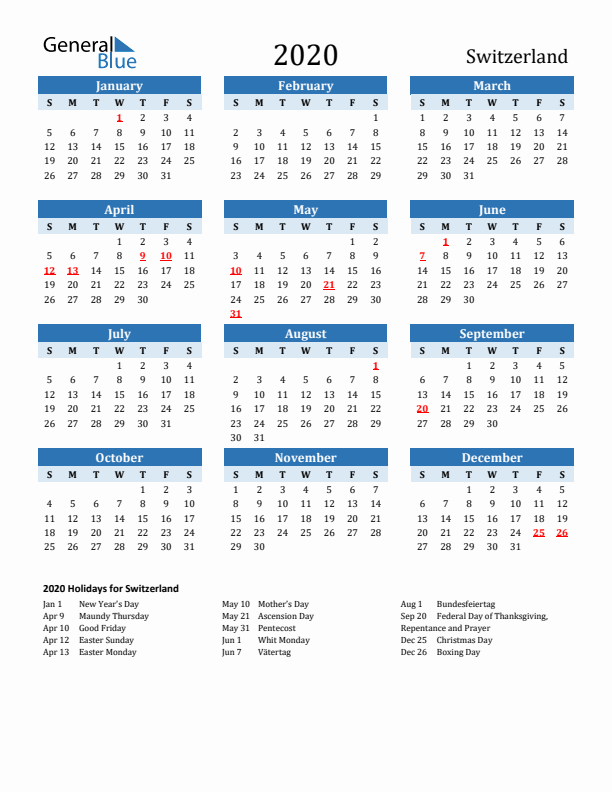 Printable Calendar 2020 with Switzerland Holidays (Sunday Start)