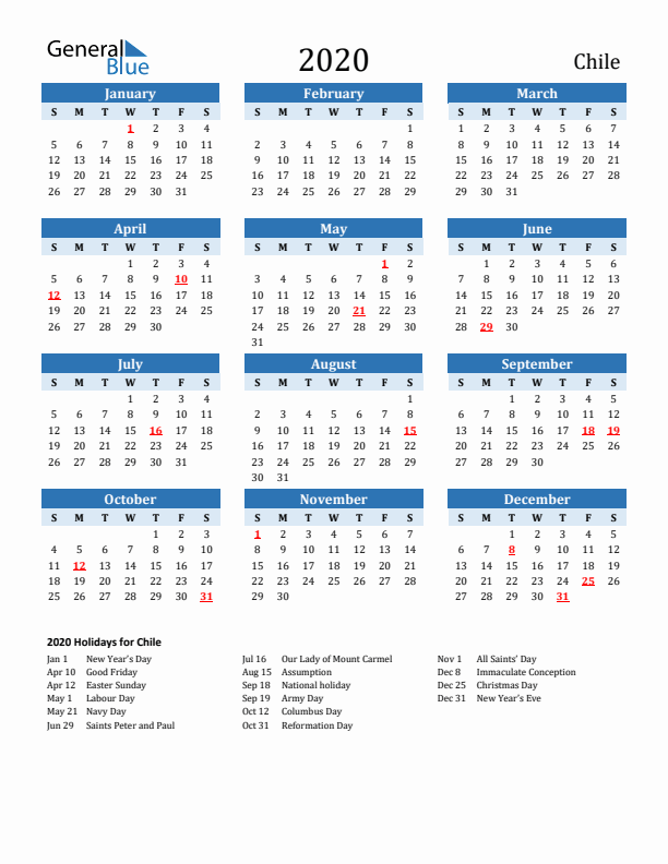 Printable Calendar 2020 with Chile Holidays (Sunday Start)