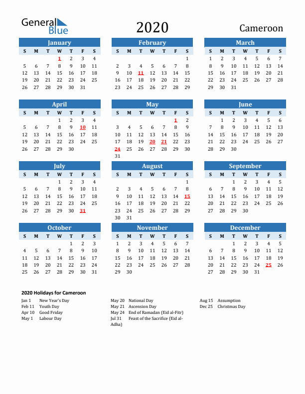 Printable Calendar 2020 with Cameroon Holidays (Sunday Start)